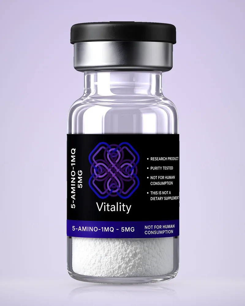 Product rendering of 5-Amino-1MQ 5mg research vial by Vitality Chems; digitally composited studio image, not a product photograph.