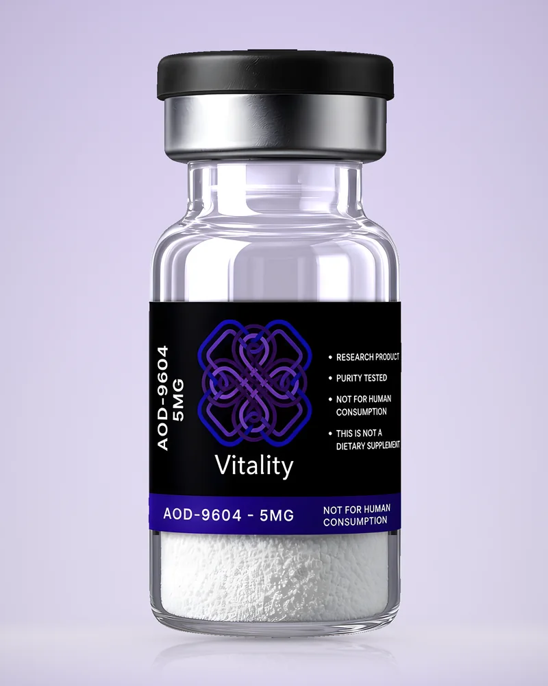 Product rendering of AOD-9604 5mg research vial by Vitality Chems; digitally composited studio image, not a product photograph.