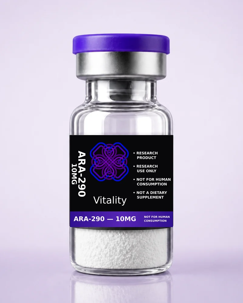 Product rendering of ARA-290 10mg research vial; digitally composited studio image, not a product photograph.