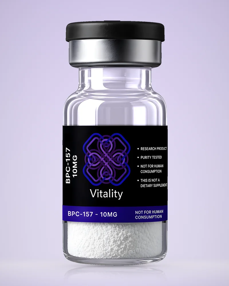 Product rendering of BPC-157 10mg research vial by Vitality Chems; digitally composited studio image, not a product photograph.