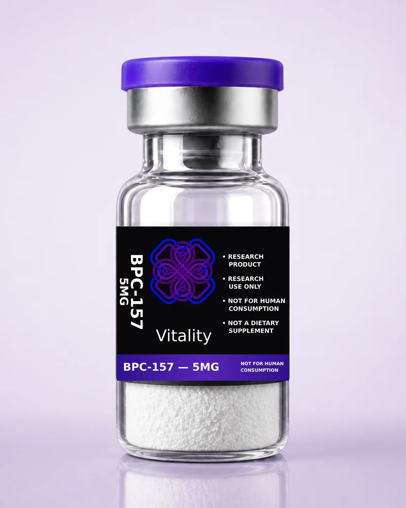 Product rendering of BPC-157 5mg research vial; digitally composited studio image, not a product photograph.