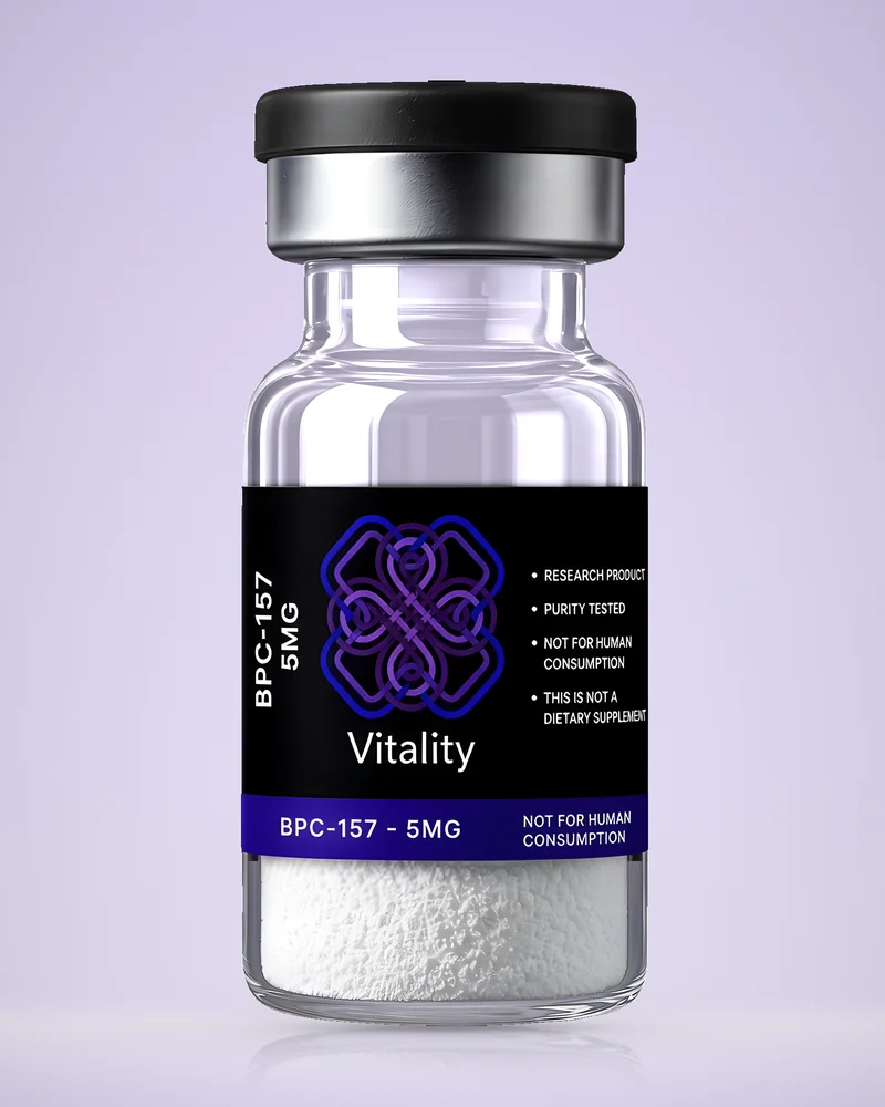 Product rendering of BPC-157 5mg research vial by Vitality Chems; digitally composited studio image, not a product photograph.