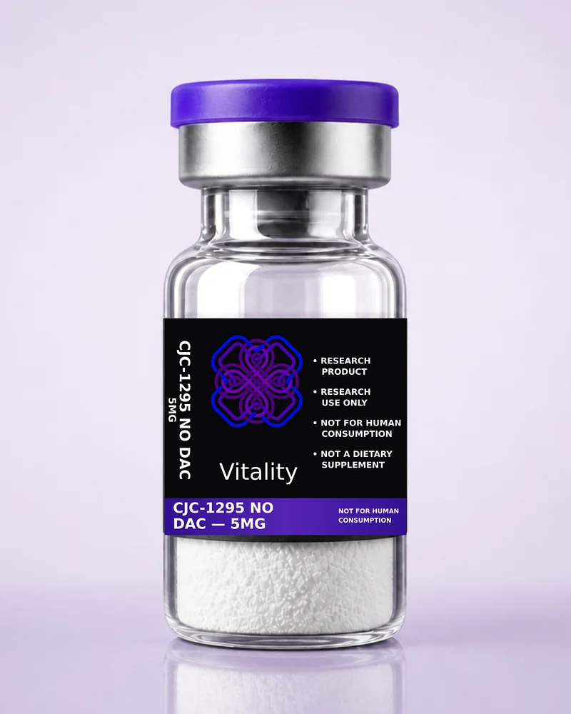 Product rendering of CJC-1295 no DAC 5mg research vial; digitally composited studio image, not a product photograph.