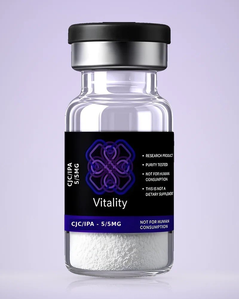 Product rendering of CJC-1295 w/o DAC + Ipamorelin 5mg/5mg research vial by Vitality Chems; digitally composited studio image, not a product photograph.