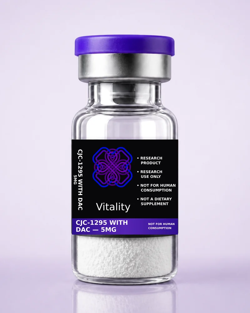 Product rendering of CJC-1295 with DAC 5mg research vial; digitally composited studio image, not a product photograph.