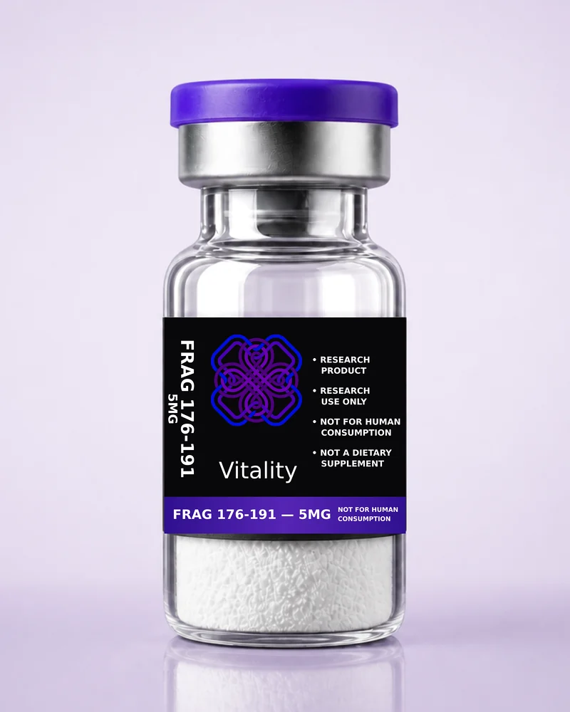 Product rendering of Frag 176-191 5mg research vial; digitally composited studio image, not a product photograph.