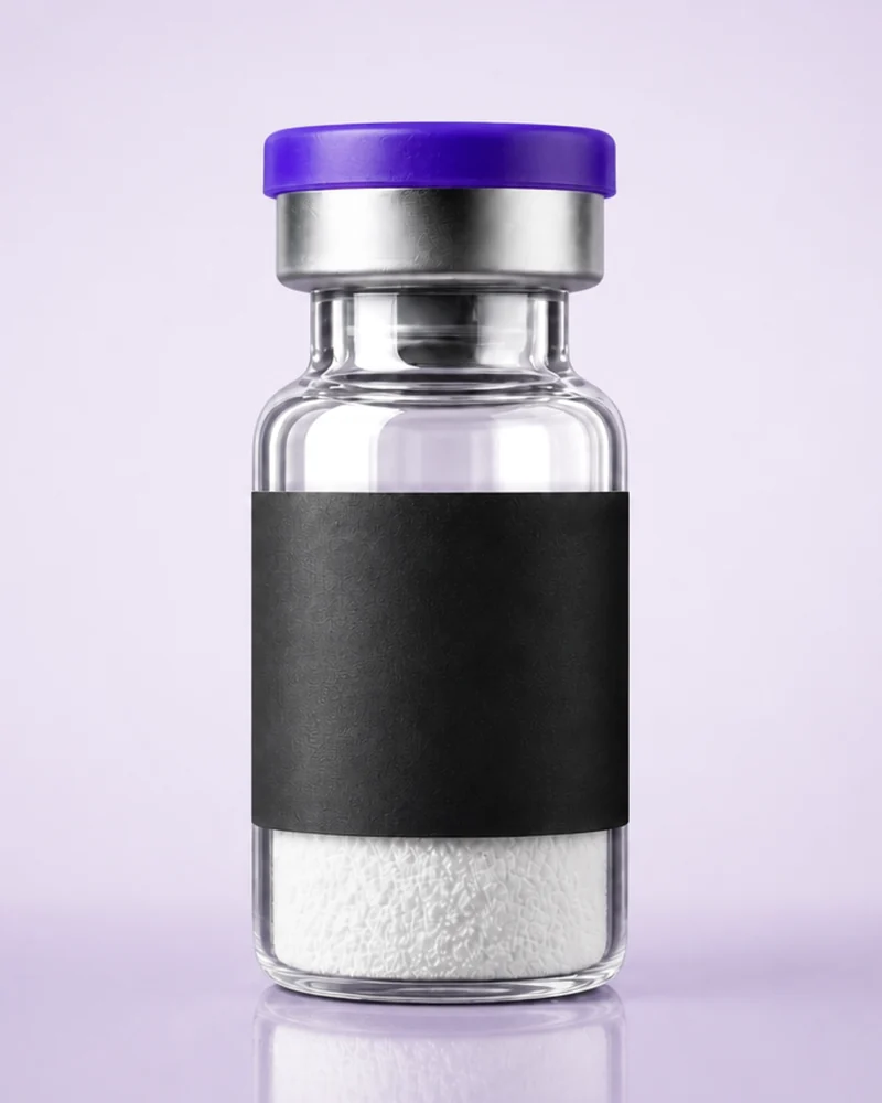 Representative product rendering for Sermorelin 5mg research vial; digitally composited studio image, not a product photograph.