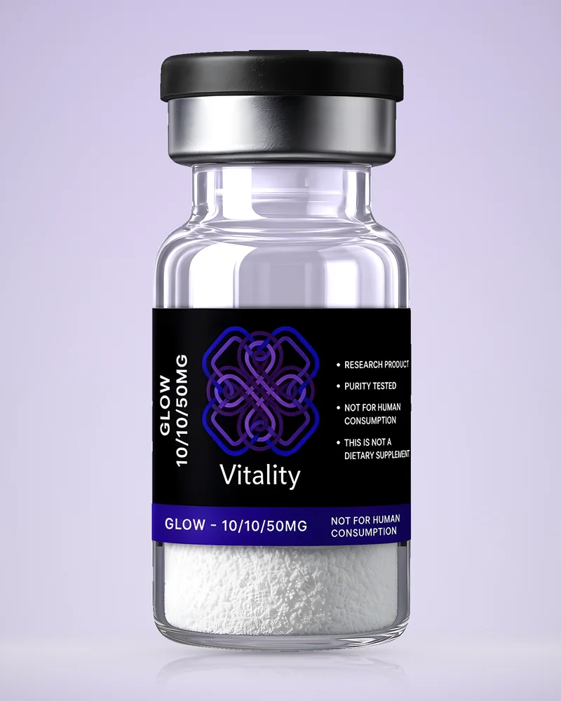 Product rendering of Glow 10/10/50mg research vial by Vitality Chems; digitally composited studio image, not a product photograph.