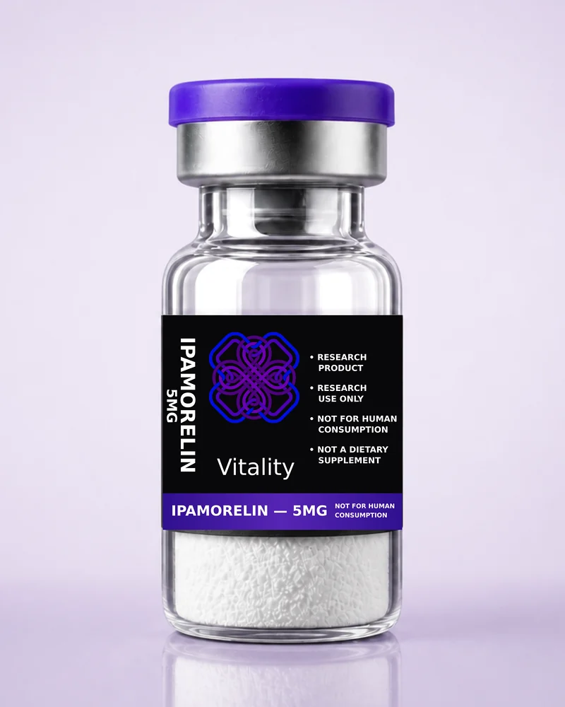 Product rendering of Ipamorelin 5mg research vial; digitally composited studio image, not a product photograph.