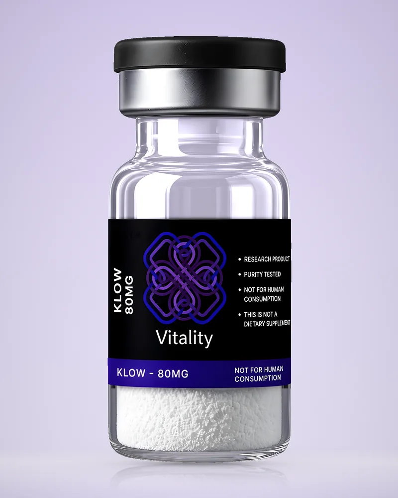 Product rendering of KLOW 80mg research vial by Vitality Chems; digitally composited studio image, not a product photograph.
