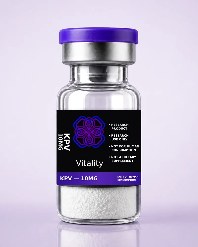 Product rendering of KPV 10mg research vial; digitally composited studio image, not a product photograph.