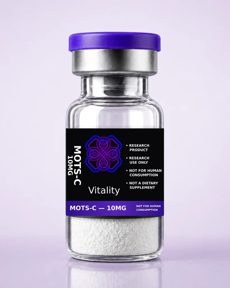Product rendering of MOTS-c 10mg research vial; digitally composited studio image, not a product photograph.