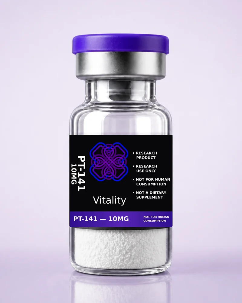 Product rendering of PT-141 10mg research vial; digitally composited studio image, not a product photograph.