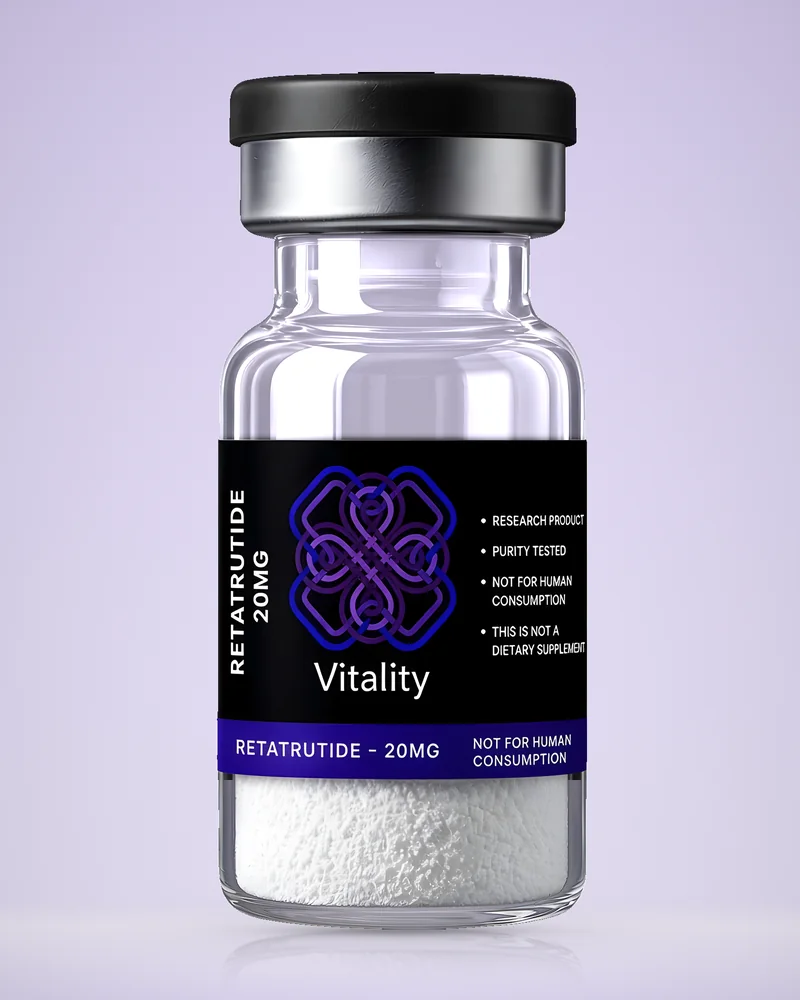 Product rendering of Retatrutide 20mg research vial by Vitality Chems; digitally composited studio image, not a product photograph.