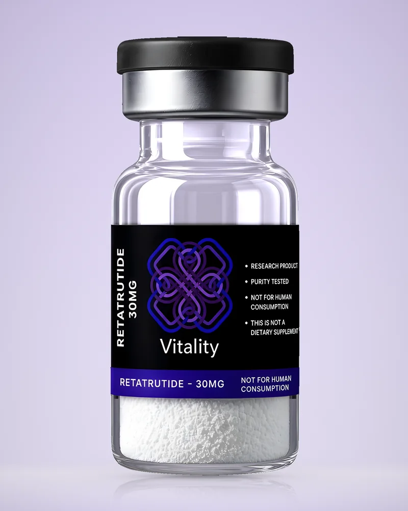 Product rendering of Retatrutide 30mg research vial by Vitality Chems; digitally composited studio image, not a product photograph.