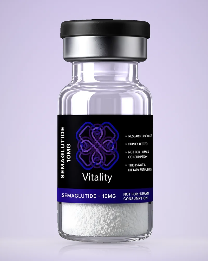 Product rendering of Semaglutide 10mg research vial by Vitality Chems; digitally composited studio image, not a product photograph.