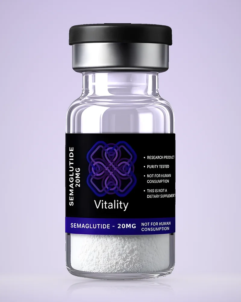 Product rendering of Semaglutide 20mg research vial by Vitality Chems; digitally composited studio image, not a product photograph.