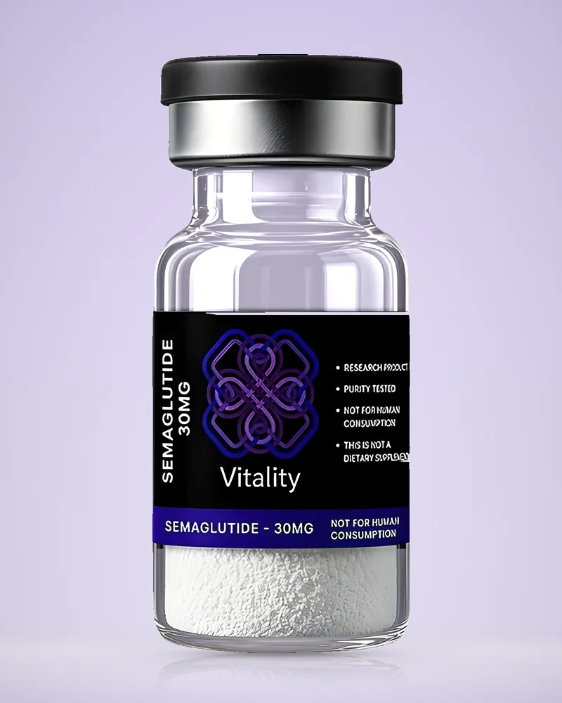 Product rendering of Semaglutide 30mg research vial by Vitality Chems; digitally composited studio image, not a product photograph.