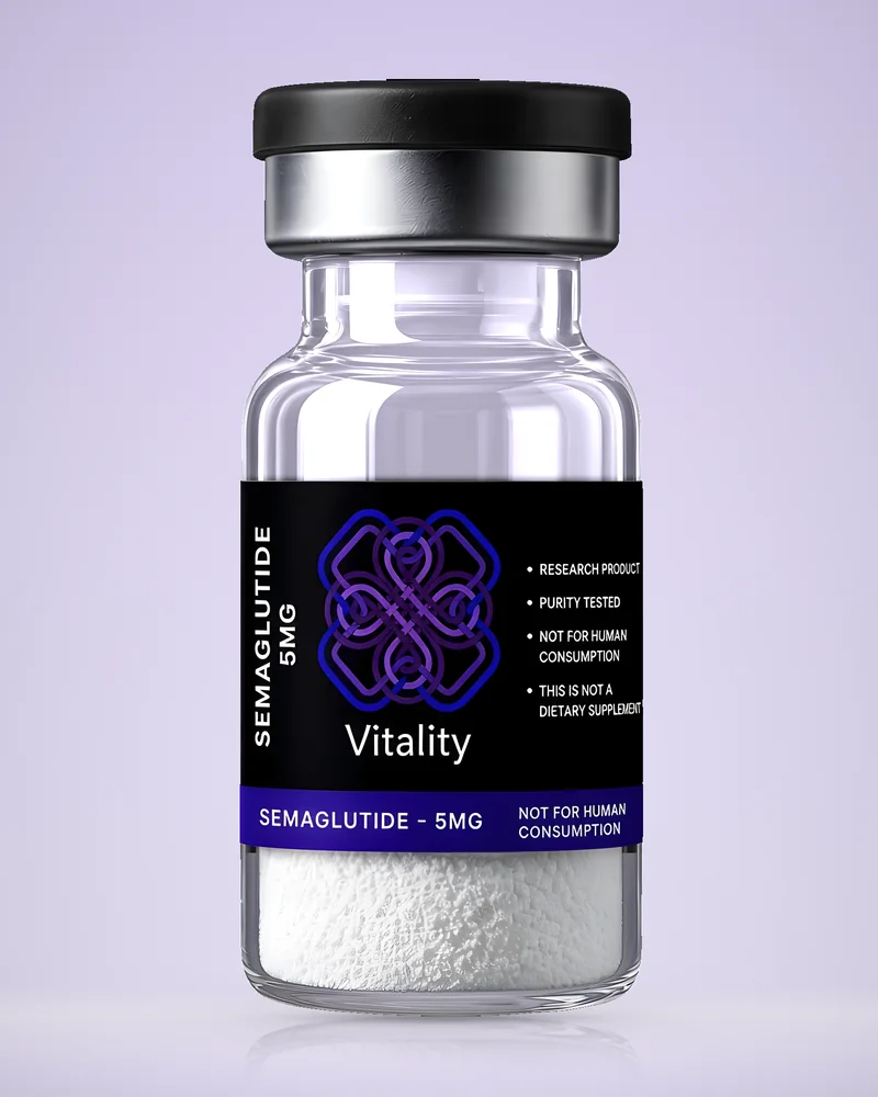 Product rendering of Semaglutide 5mg research vial by Vitality Chems; digitally composited studio image, not a product photograph.
