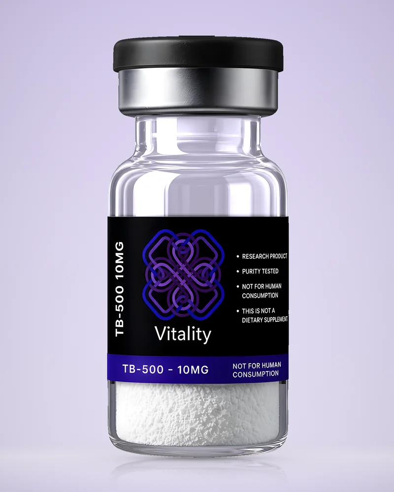 Product rendering of TB-500 10mg research vial by Vitality Chems; digitally composited studio image, not a product photograph.