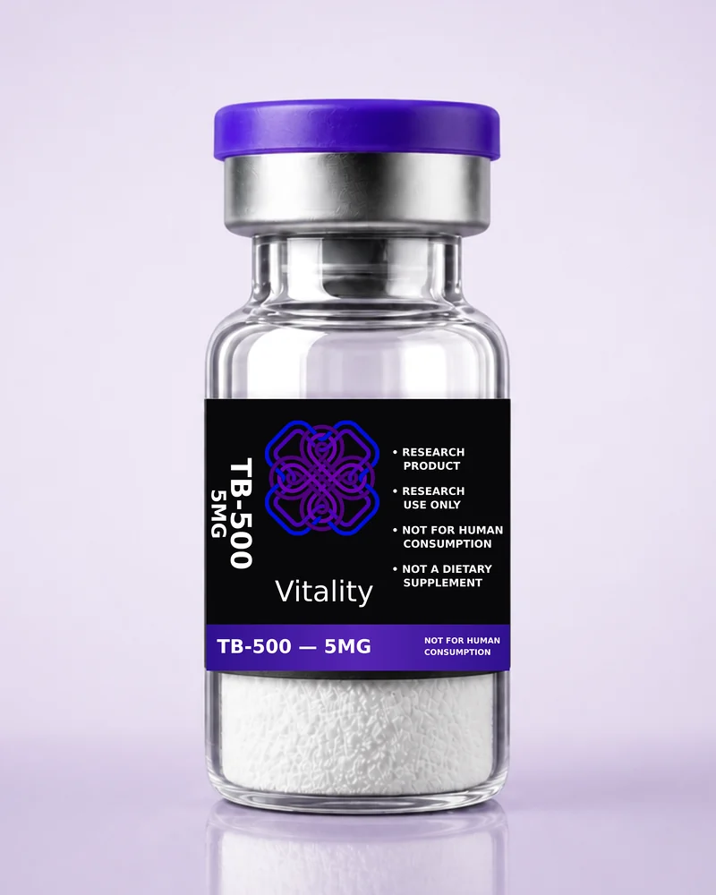 Product rendering of TB-500 5mg research vial; digitally composited studio image, not a product photograph.
