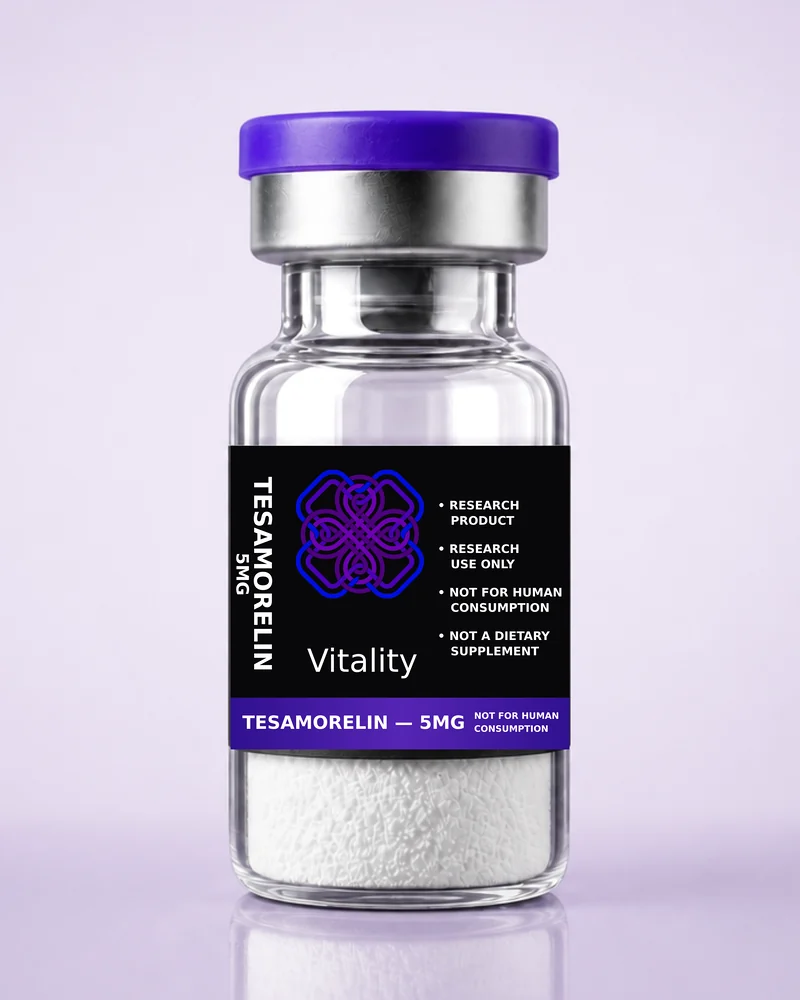 Product rendering of Tesamorelin 5mg research vial; digitally composited studio image, not a product photograph.
