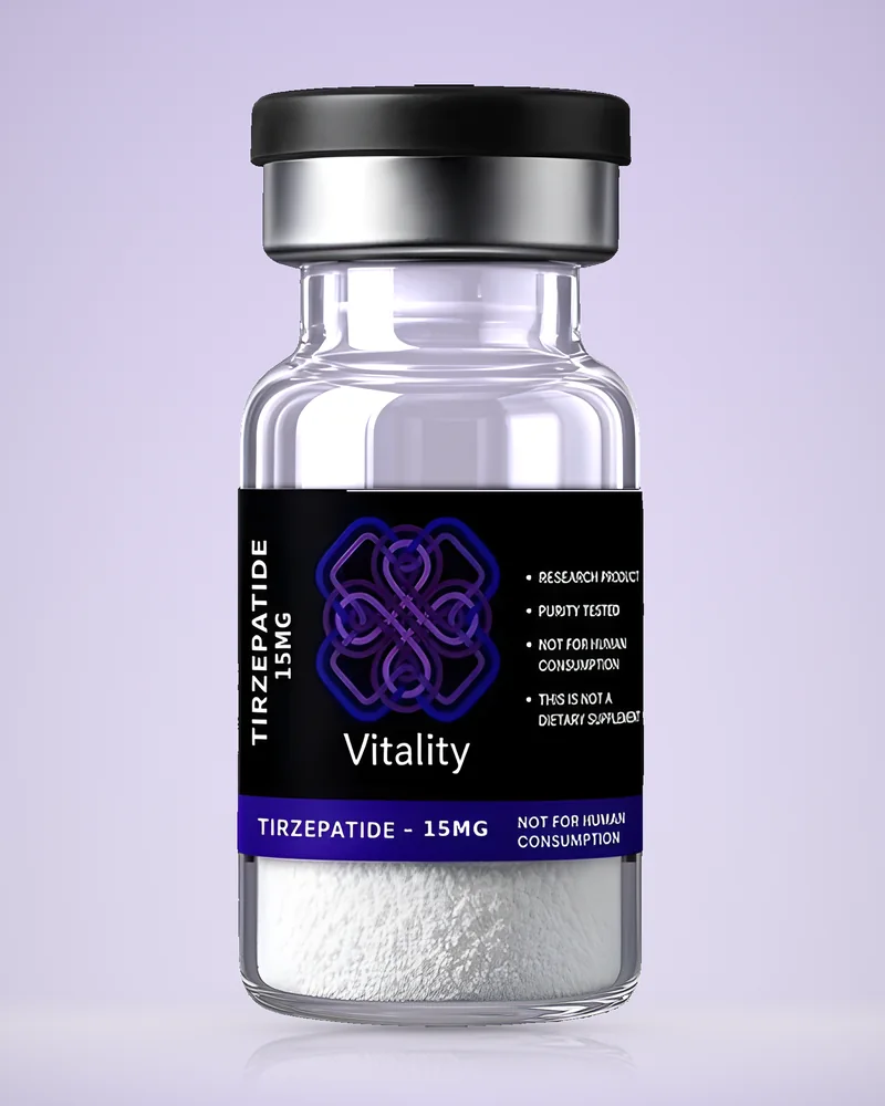 Product rendering of Tirzepatide 15mg research vial by Vitality Chems; digitally composited studio image, not a product photograph.