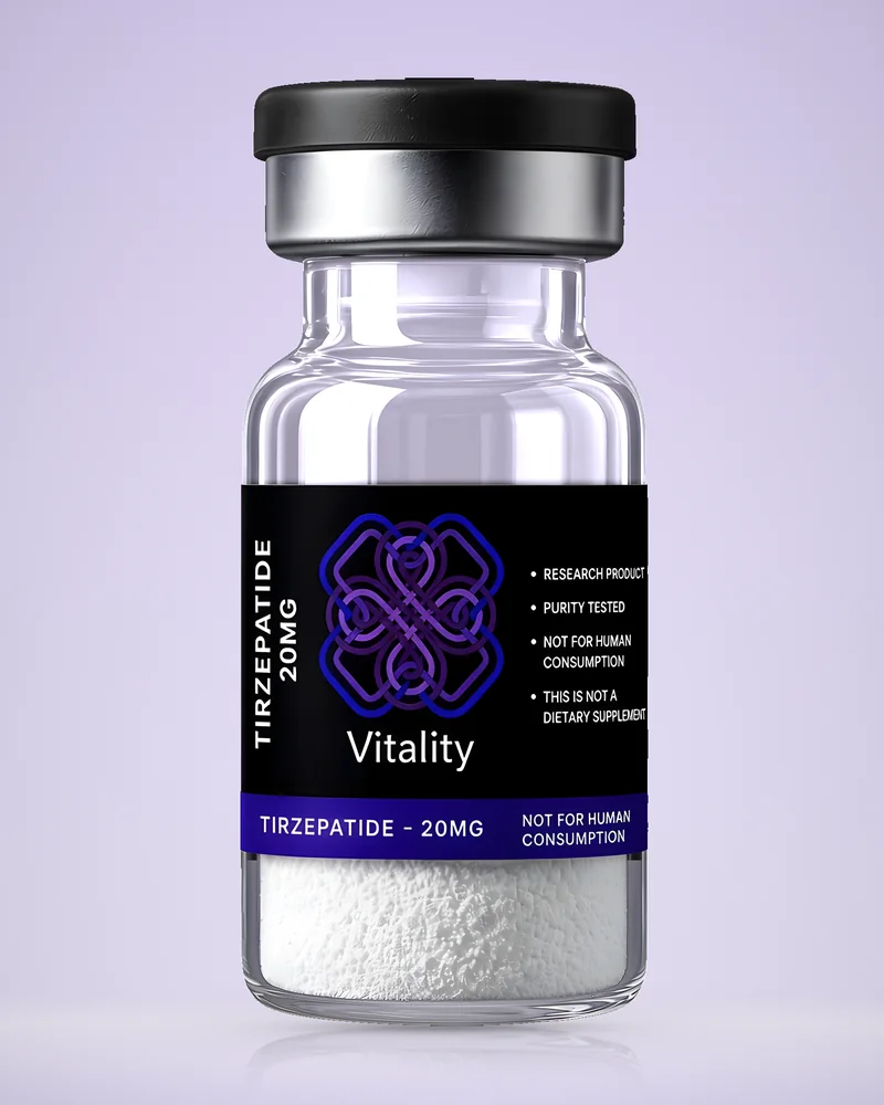 Product rendering of Tirzepatide 20mg research vial by Vitality Chems; digitally composited studio image, not a product photograph.