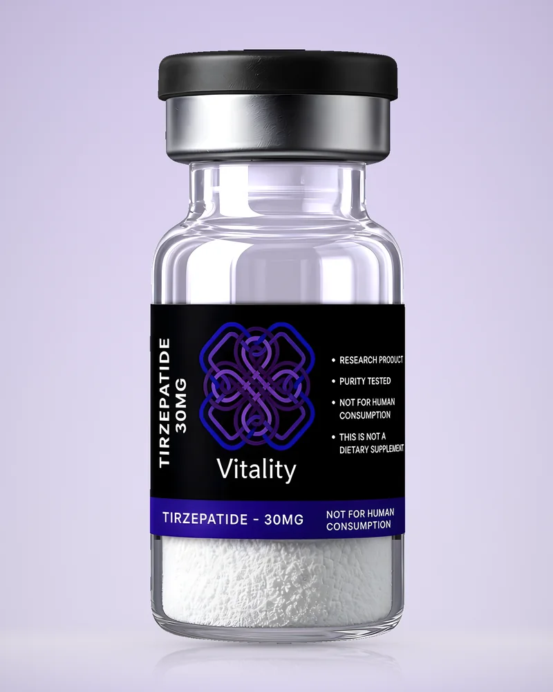 Product rendering of Tirzepatide 30mg research vial by Vitality Chems; digitally composited studio image, not a product photograph.
