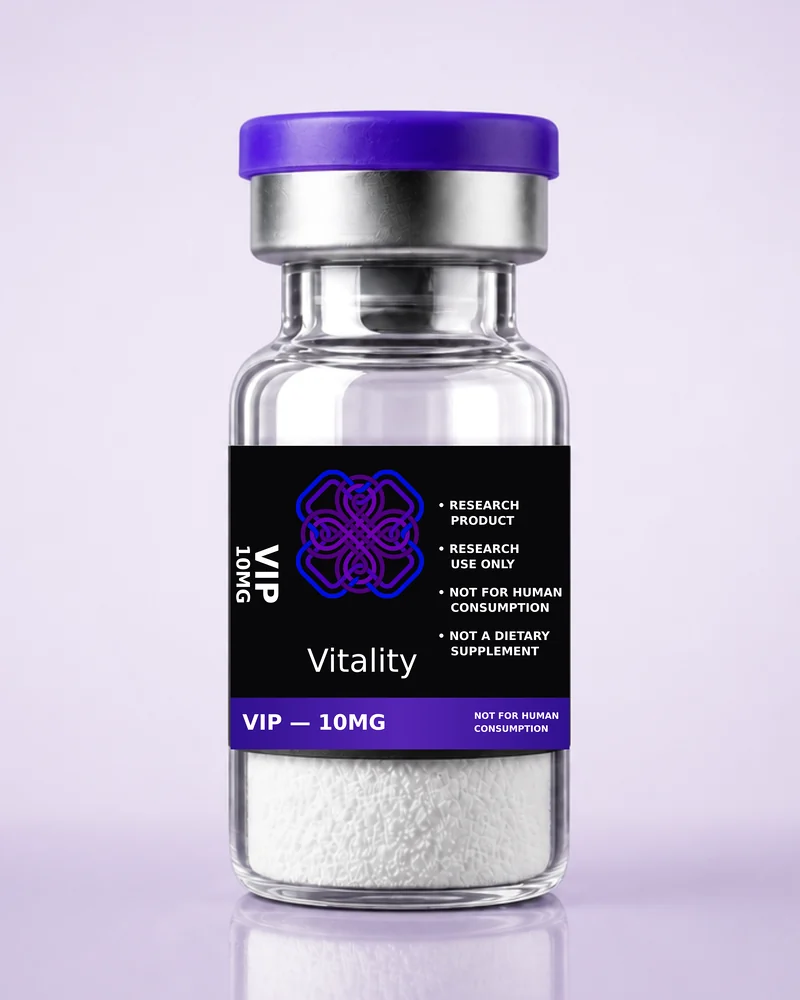 Product rendering of VIP 10mg research vial; digitally composited studio image, not a product photograph.